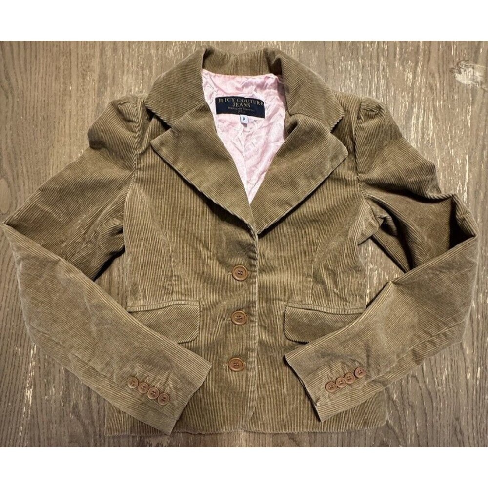 Juicy Couture VTG Women Petite Brown Corduroy Pink Lining Blazer Jacket USA Y2K